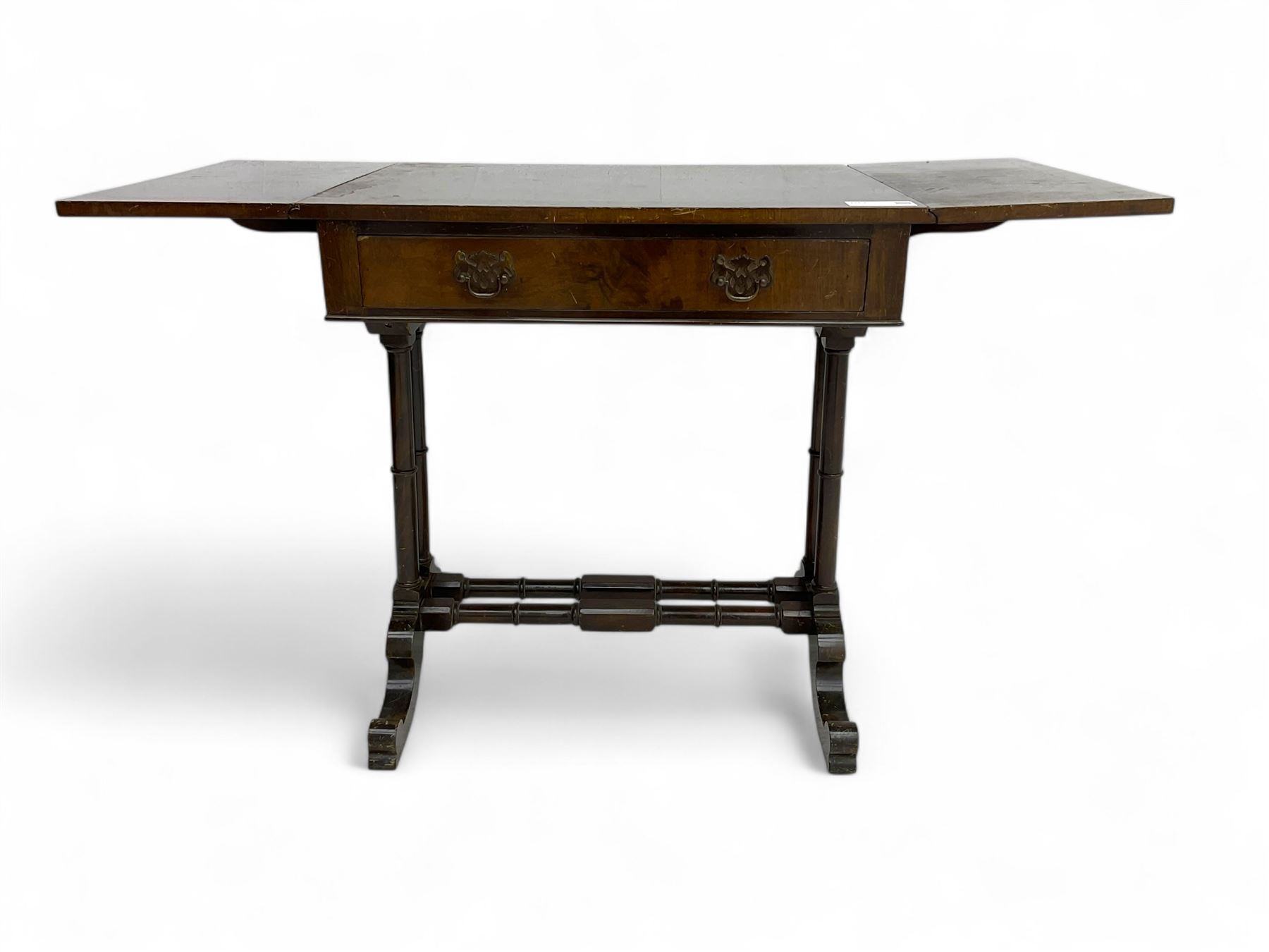 Small Victorian drop-leaf occasional table, rectangular top with drop sides and single frieze drawer, on turned supports and scrolled feet joined by twin stretchers