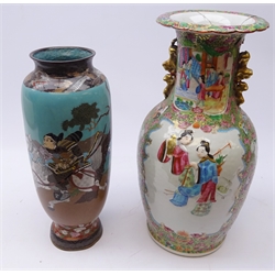  19th century Japanese Cloisonne vase decorated with Samurai warrior on horseback, H38cm and 19th century Canton baluster vase, relief moulded with figures on diaper ground (2)  