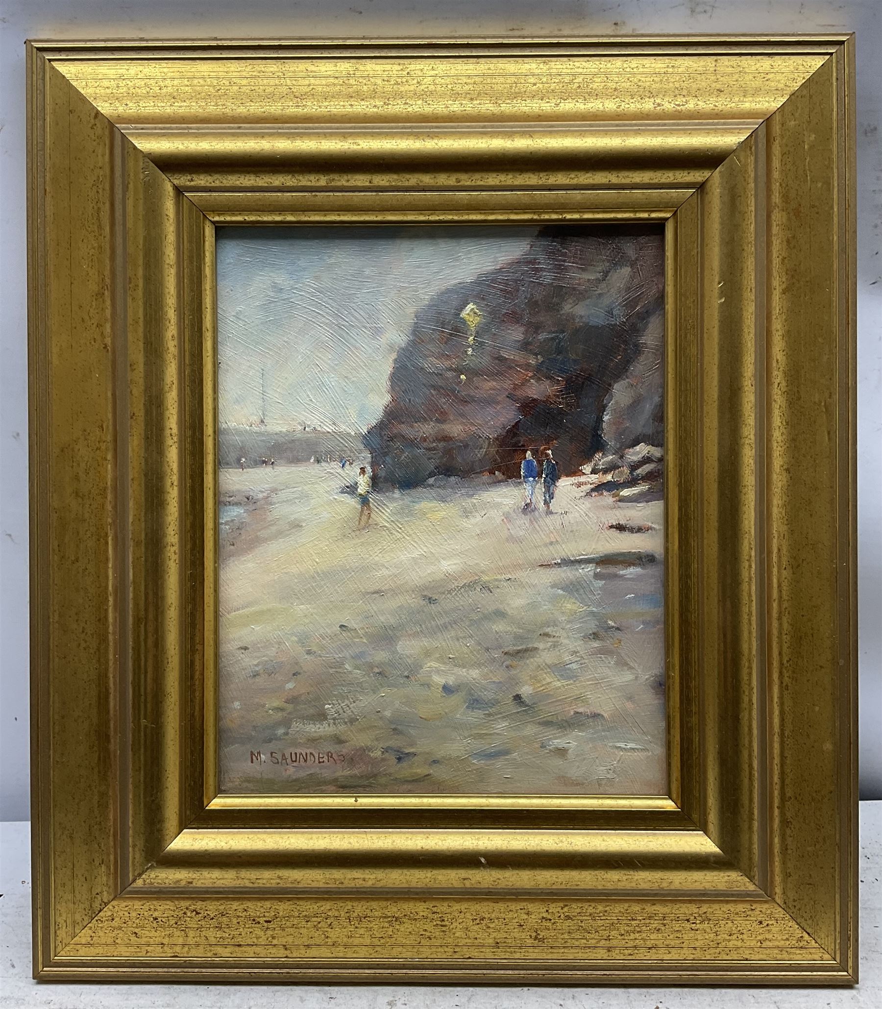 Michelle Saunders (British 1963-): 'The Yellow Kite - Whitby Beach', oil on board signed, titled verso 24cm x 19cm