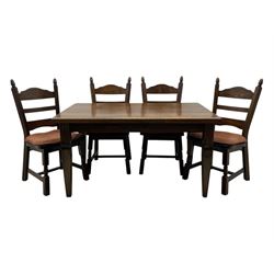 Mid-20th century Dutch oak dining table, rectangular top raised on square supports with tapered sections; four ladderback dining chairs, on turned supports with H-stretchers