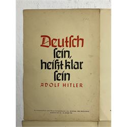 Collection of eight pre-WW2 German Propaganda poster style cards each printed in black and red with sayings by NSDAP leaders and German historical leaders,  featuring quotes by Adolf Hitler, von Goethe, Rosenberg, Magnus Wehner, Moltke, Kolbenheyer etc, each dated 1938 35 x 23.5cm unframed (8)