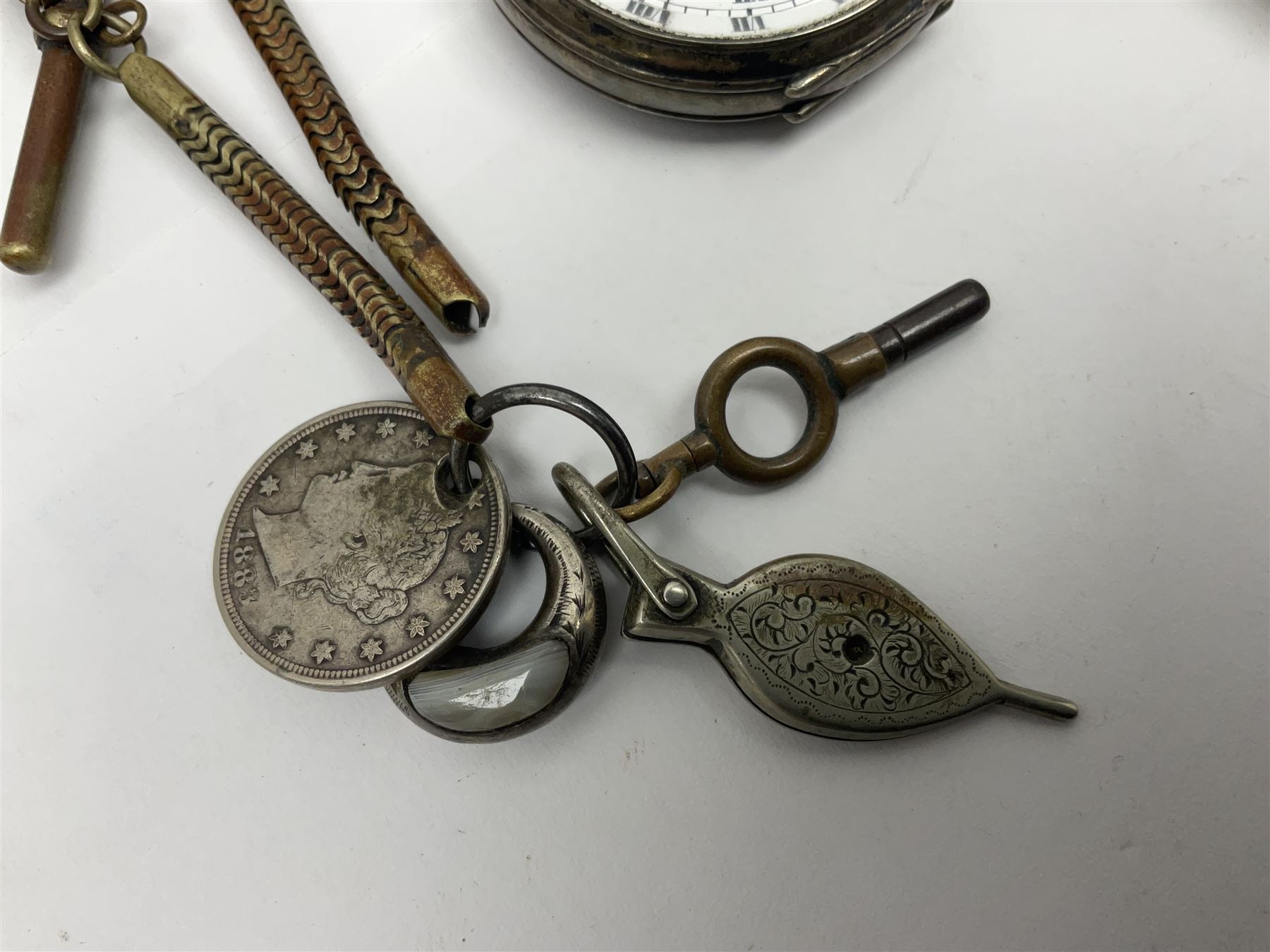 Three Victorian silver lever open face pocket watches including, cream dials with Roman numerals and subsidiary seconds dial, silver cylinder pocket watch and an 8 Jours Hebdomas pocket watch, two silver watch chains and one other chain