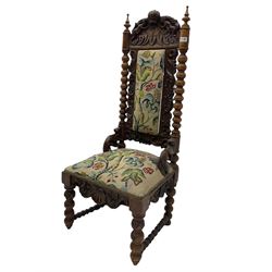 19th century oak hall chair, heavily carved, bobbin turned columns, tapestry seat and back
