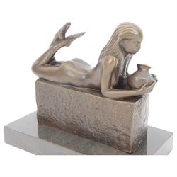 Bronze Aquarius figure, modelled as a nude female figure holding a water jug, signed Pino to base, upon marble plinth, H20cm 