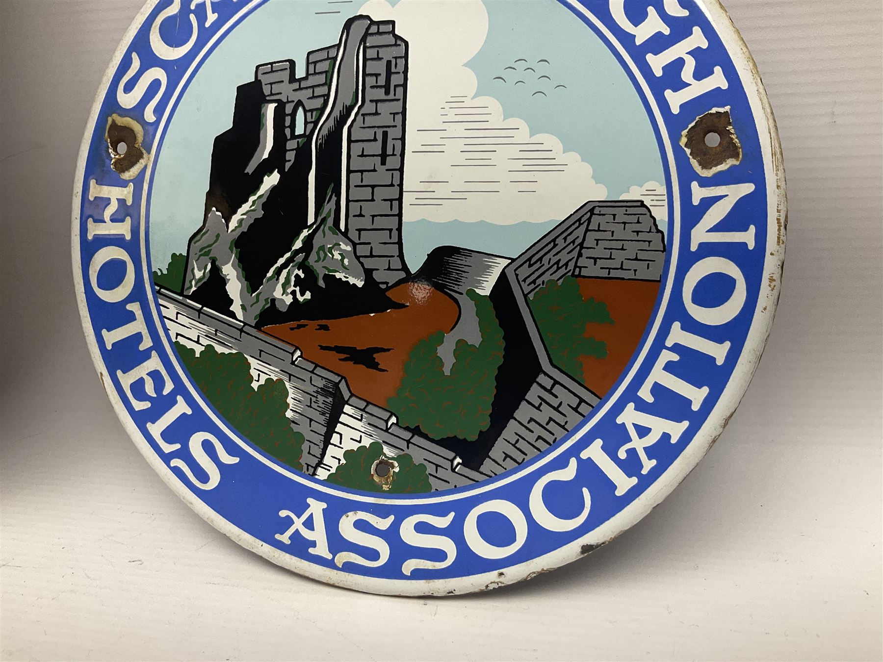 Ward Bros Sherburn Malton enamel sign, together with a Scarborough Hotels Association enamel sign, Malton sign D46cm 