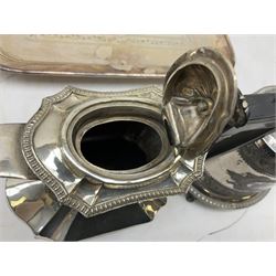 Early 20th century hallmarked silver trumpet vase stamped J & R Griffin (Joseph & Richard Griffin), Chester 1917, with weighted base, together with a 19th century silver-plate biscuit barrel by JK&Co, ornately engraved throughout, John Round & Son silver plated twin handled cup, and other silver plated and other metal ware to include ornate teapots, tray etc