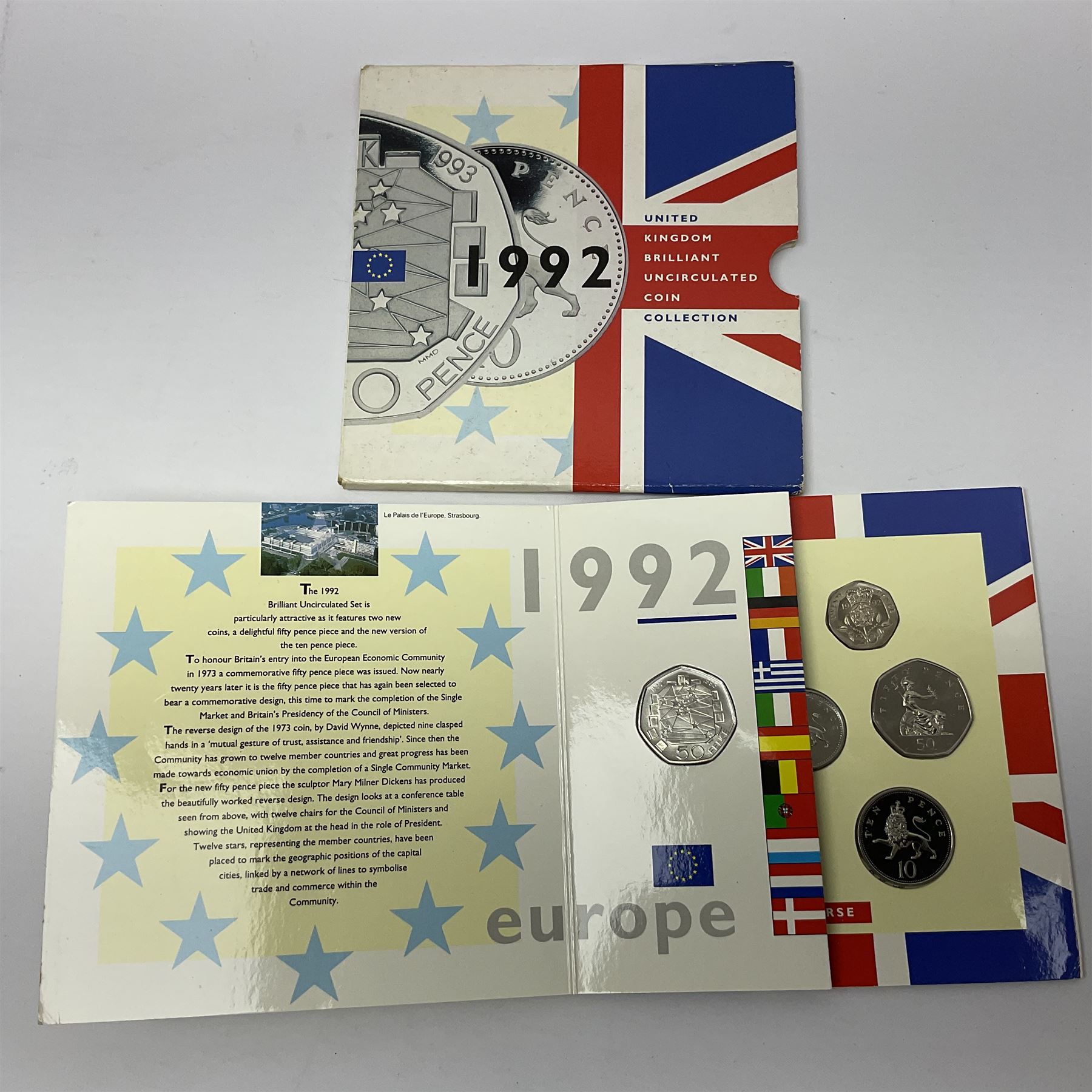 The Royal Mint United Kingdom 1992 and 1993 brilliant uncirculated coin collections, both including dual dated 1992/1993 EEC fifty pence coin, in card folders