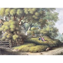 19th century hand painted wall plaque, with a landscape scene to the centre within a lustre boarder, L38cm, H28cm 