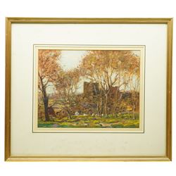 George Graham (British 1881-1941): Cows Grazing at Castle Bolton in Autumn, oil on card signed and dated 1916, 29cm x 38cm