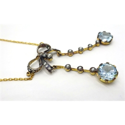  Diamond gold and silver-gilt bow necklace with seed pearl and topaz pendants necklace chain stamped 375  