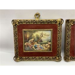 Set of three 20th century miniatures in ornate gilt frames, in the style of Boucher, H13cm, L15cm
