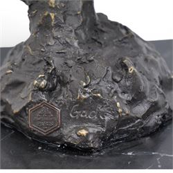 Bronze figure, modelled as a stylised horses head, upon a square marble plinth, signed and bearing foundry mark, overall H41cm