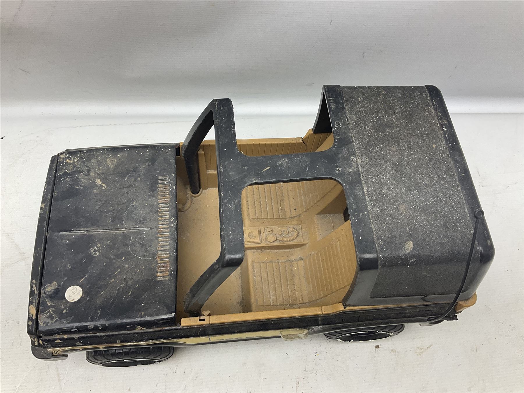 Tonka - five large scale pressed steel vehicles comprising Cement Mixer, Mighty Mobile Crane, Jeep and two Dumper Trucks (5)