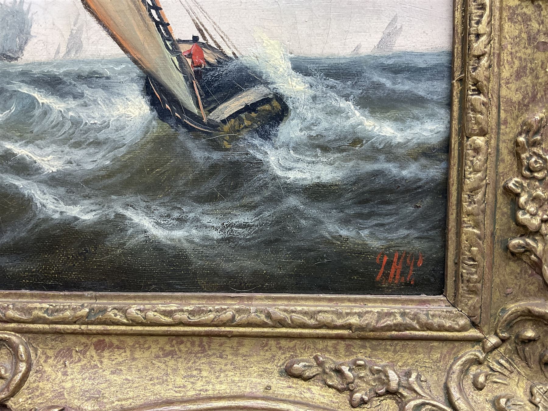 Dutch School (19th/20th Century): Ships Caught in a Storm, oil on canvas indistinctly signed with initials *HP 24cm x 34cm