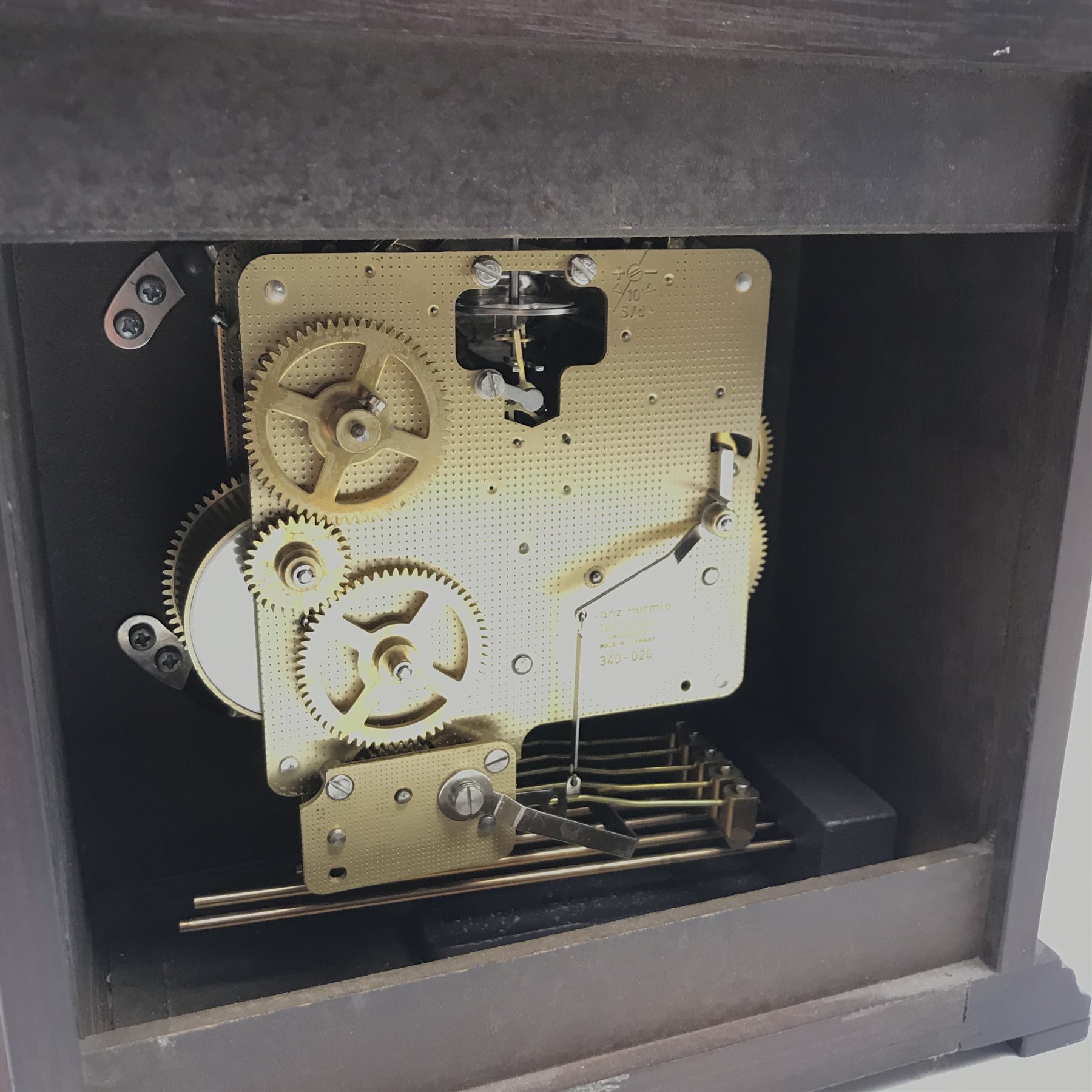 Hermle bracket clock, stained beech case, engraved dial with Roman