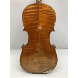 German violin c1900 for re-assembly with 36cm two-piece maple back and ribs and spruce top; L59cm; in ebonised wooden 'coffin' case with two bows