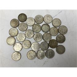 Mostly Great British coins, including Queen Victoria 1890 crown, twenty-eight pre 1947 silver halfcrowns, commemorative crowns etc