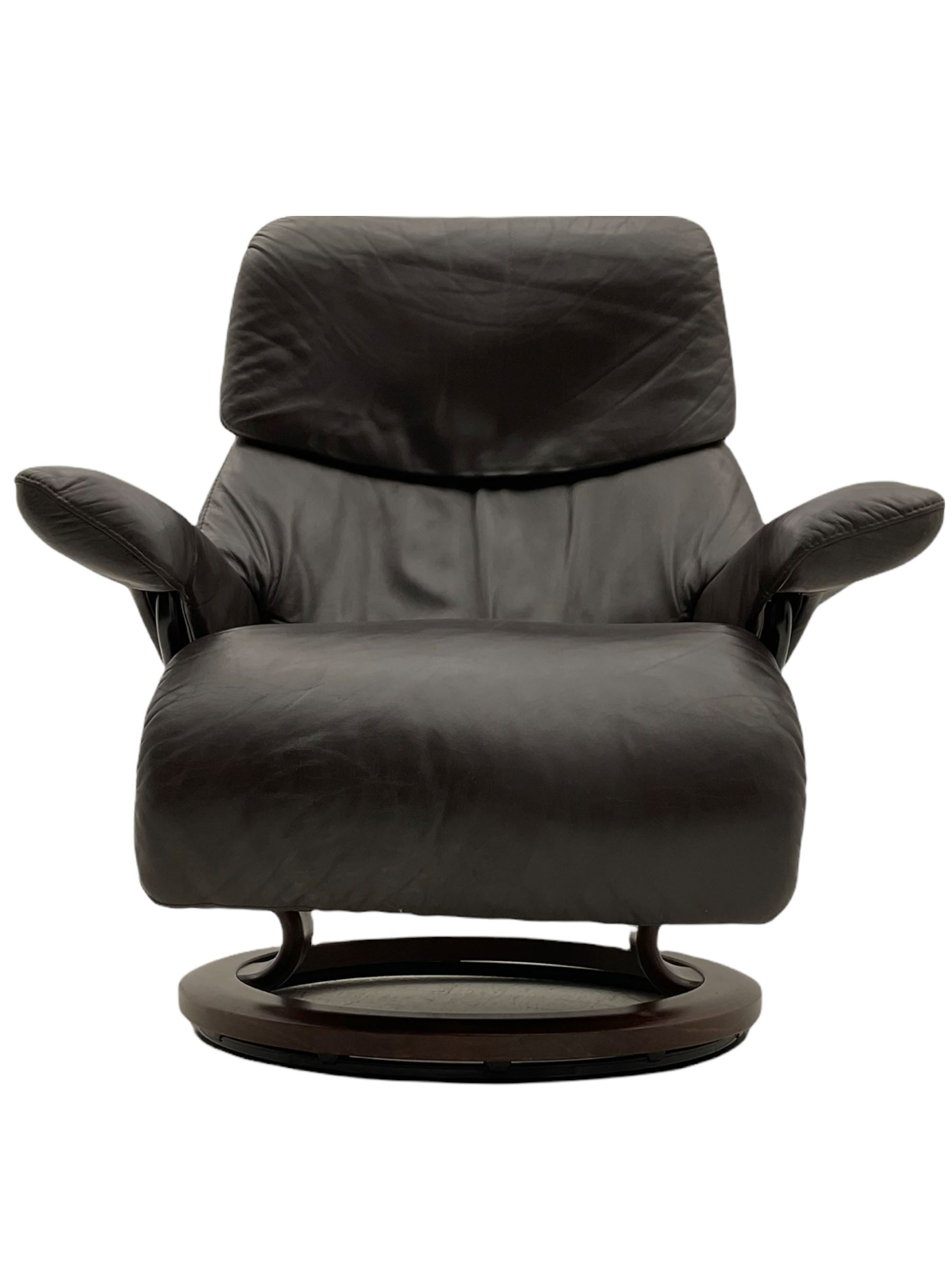 Ekornes Stressless - swivel reclining armchair with adjustable headrest, upholstered in cocoa brown leather, with matching footstool
