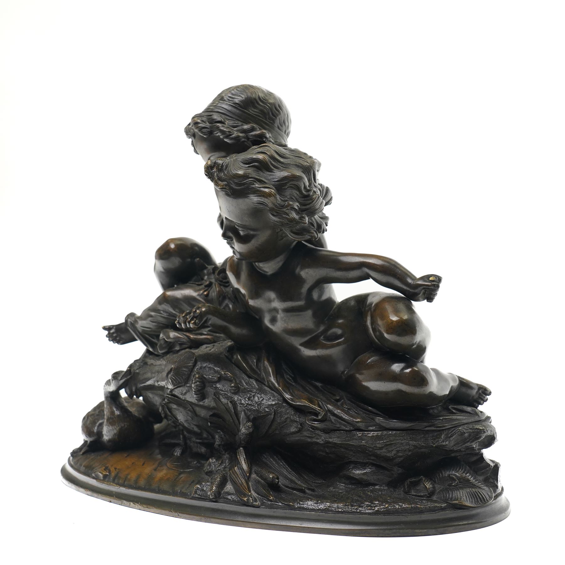 French School (20th Century); bronze depicting putti feeding a swan from a rock, unsigned, H26cm 