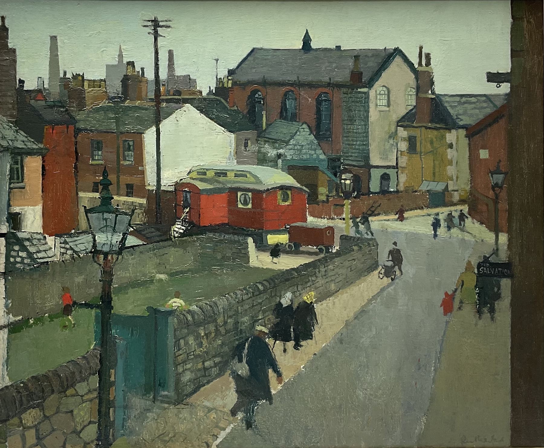 Harry Rutherford (Northern British 1903-1985): Manchester Street Scene, oil on canvas signed 49cm x 60cm