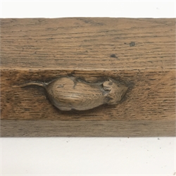  'Mouseman' adzed oak fire fender, W138cm, with carved mouse signature by Robert Thompson of Kilburn H7cm, D41cm  
