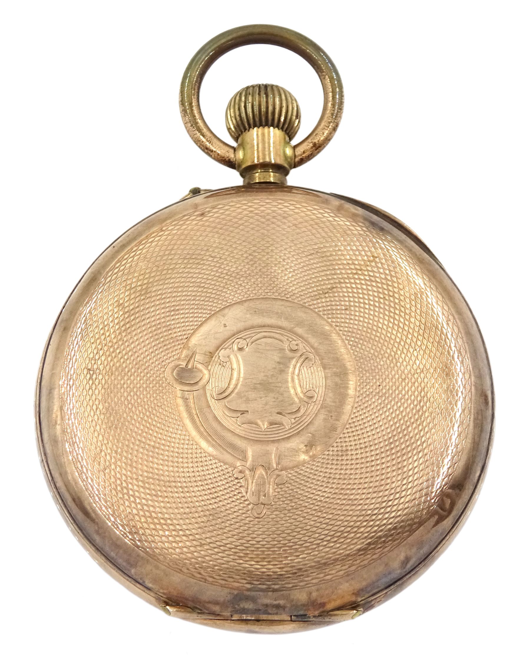 Early 20th century 9ct gold open face keyless lever pocket watch, stamped 9K, with an Edwardian graduating silver Albert chain, Birmingham 1901, with soldered Queen Victoria India silver one rupee coin