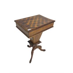 Victorian walnut work table, the rectangular hinged top inlaid with a chessboard design, canted edge with alternating ebony and satinwood inlays, concealing fitted interior, banded and strung frieze over tapering column well, collar carved with foliate decoration, on a cabriole tripod base