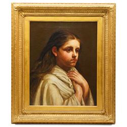 English School (19th century): Portrait of a Young Girl with Clasped Hands, oil on canvas unsigned 52cm x 42cm