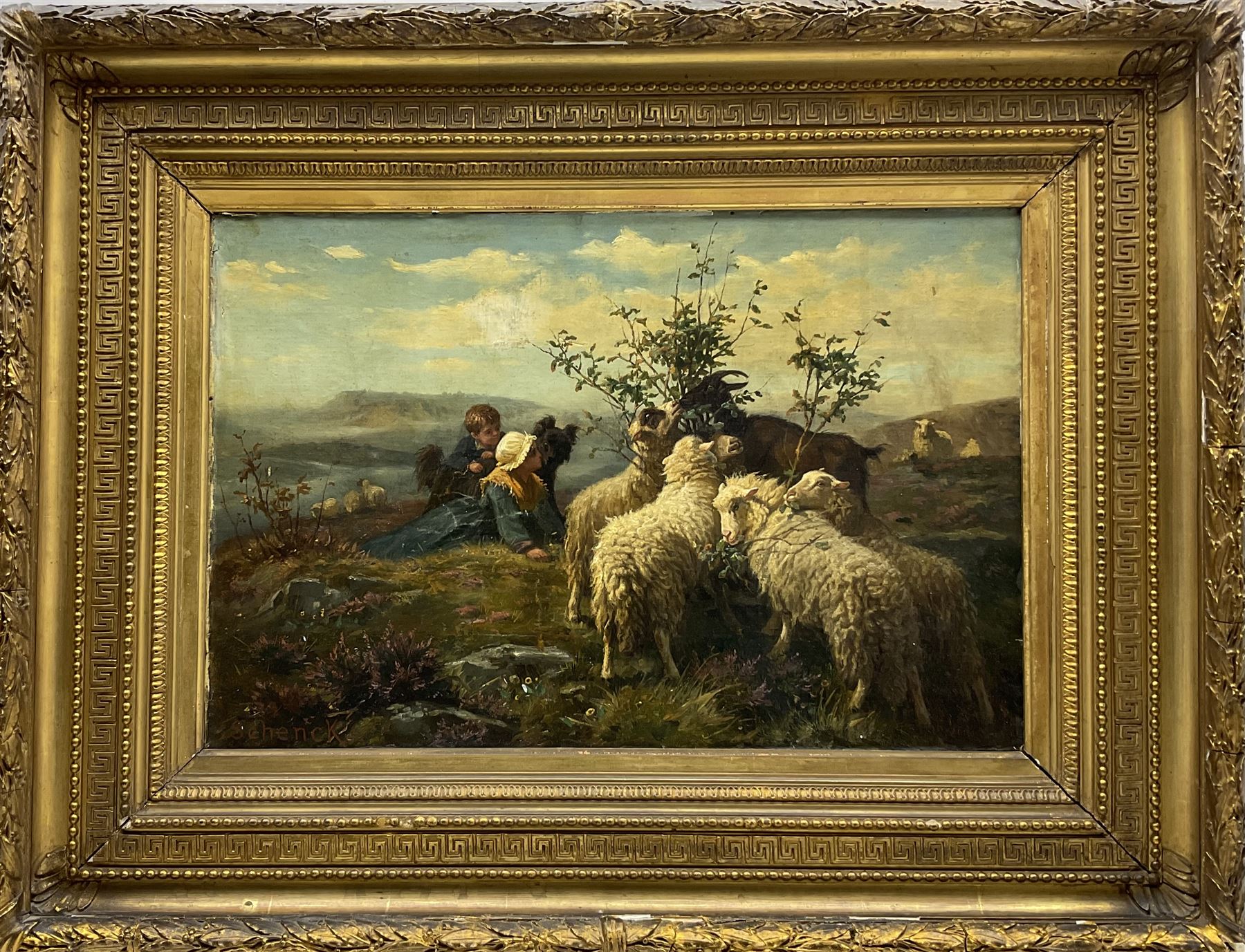 August Friderich Albercht Schenck (Danish 1828-1901): Sheep and Goats with the Shepherd's Children and their Dog, oil on canvas laid on board signed 39cm x 59cm