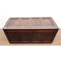  19th century oak blanket chest, four panelled hinged top, carved frieze, W133cm, H64cm, D58cm  