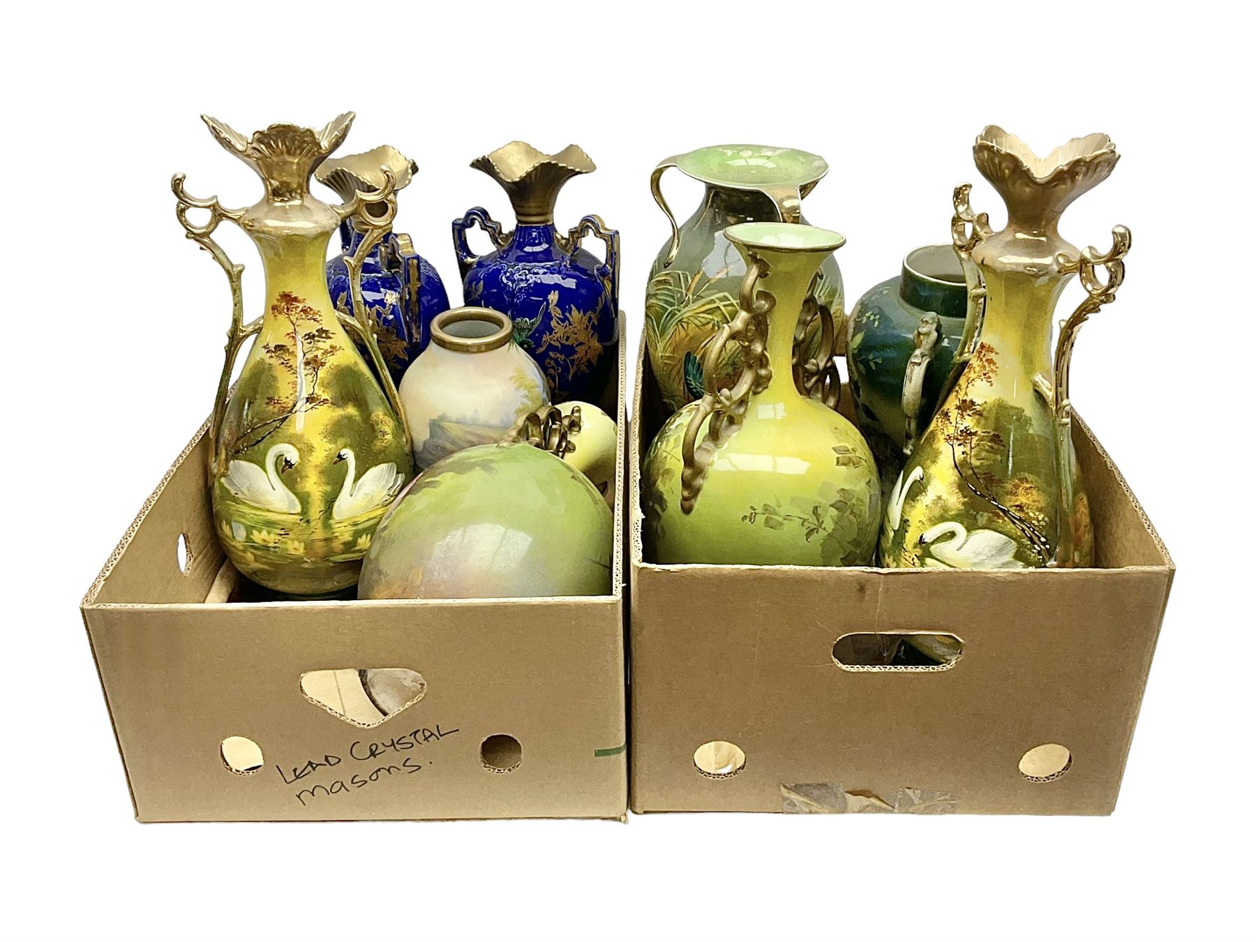 Continental hand painted vase, together with eight large Victorian vases, including some St Louis Artware examples and a pair painted with swans, tallest H50cm