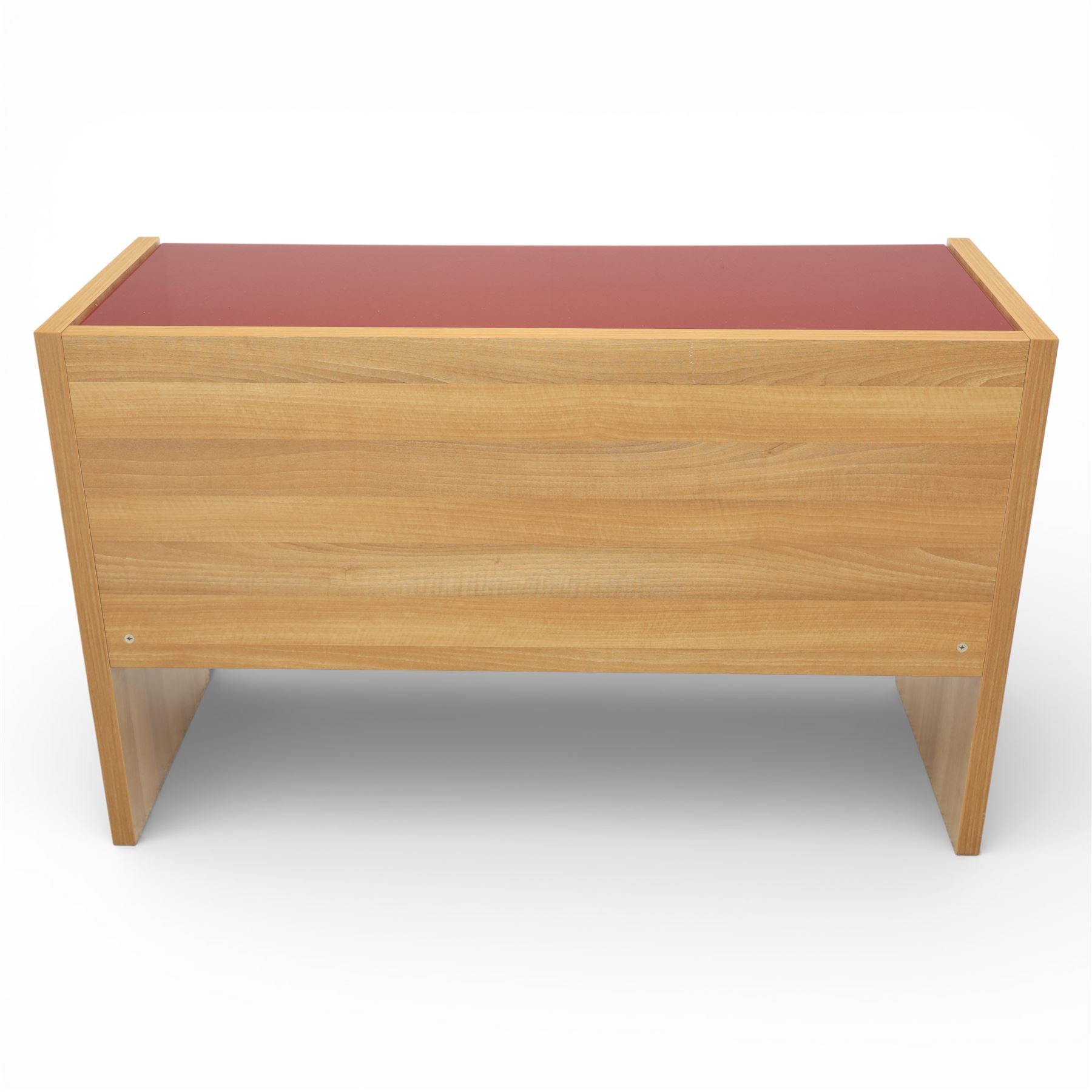 Sliderobes - modern dressing table and two bedside cabinets, red glass panels to top and drawer fronts, drawers with push to open mechanism, with veneered oak frames (Bedside tables H 56cm, D 50cm, W 40cm; Dressing table: H 83cm, D 50cm, W 135cm)