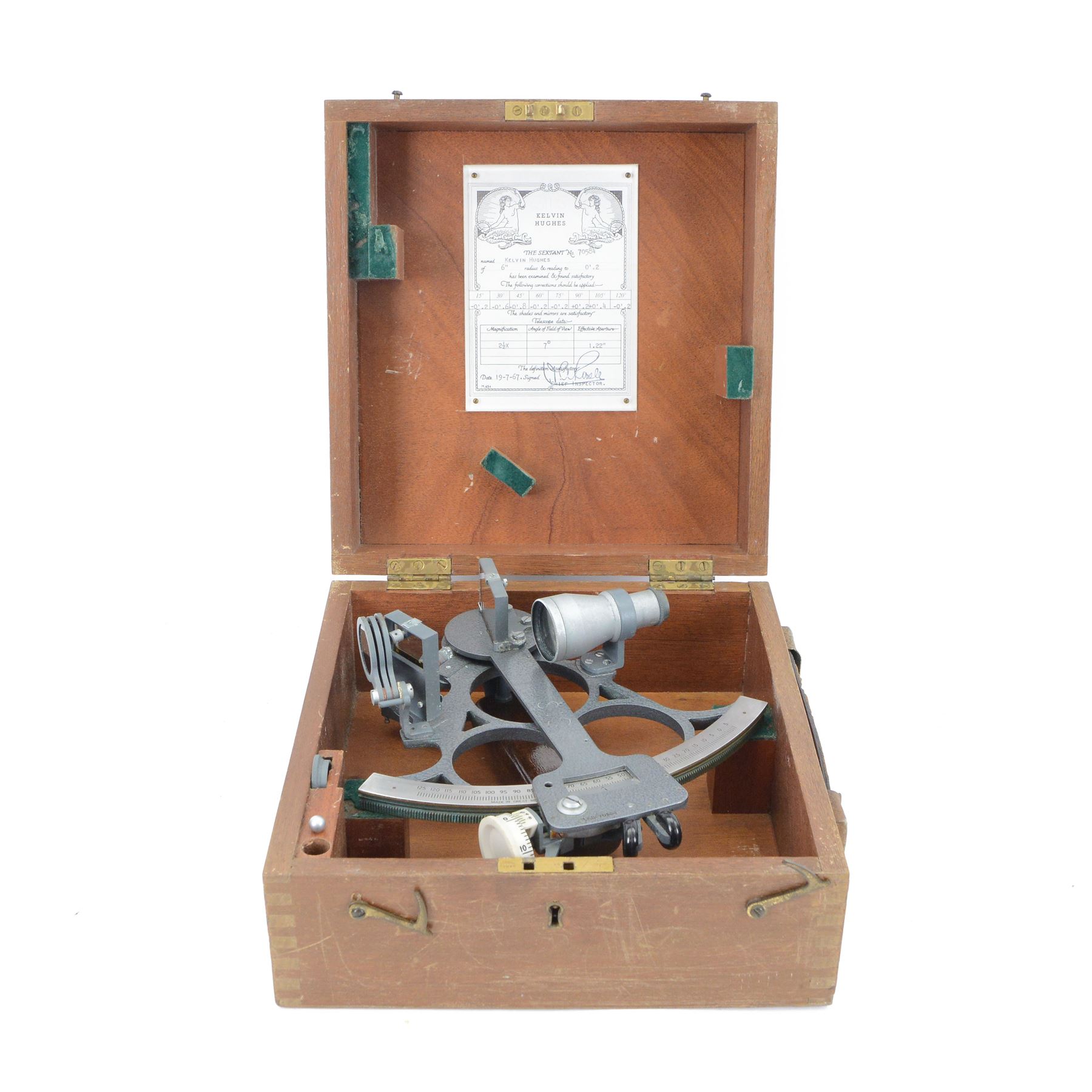 Kelvin Hughes Sextant no. 70584, with calibration note for 1967, in wooden box