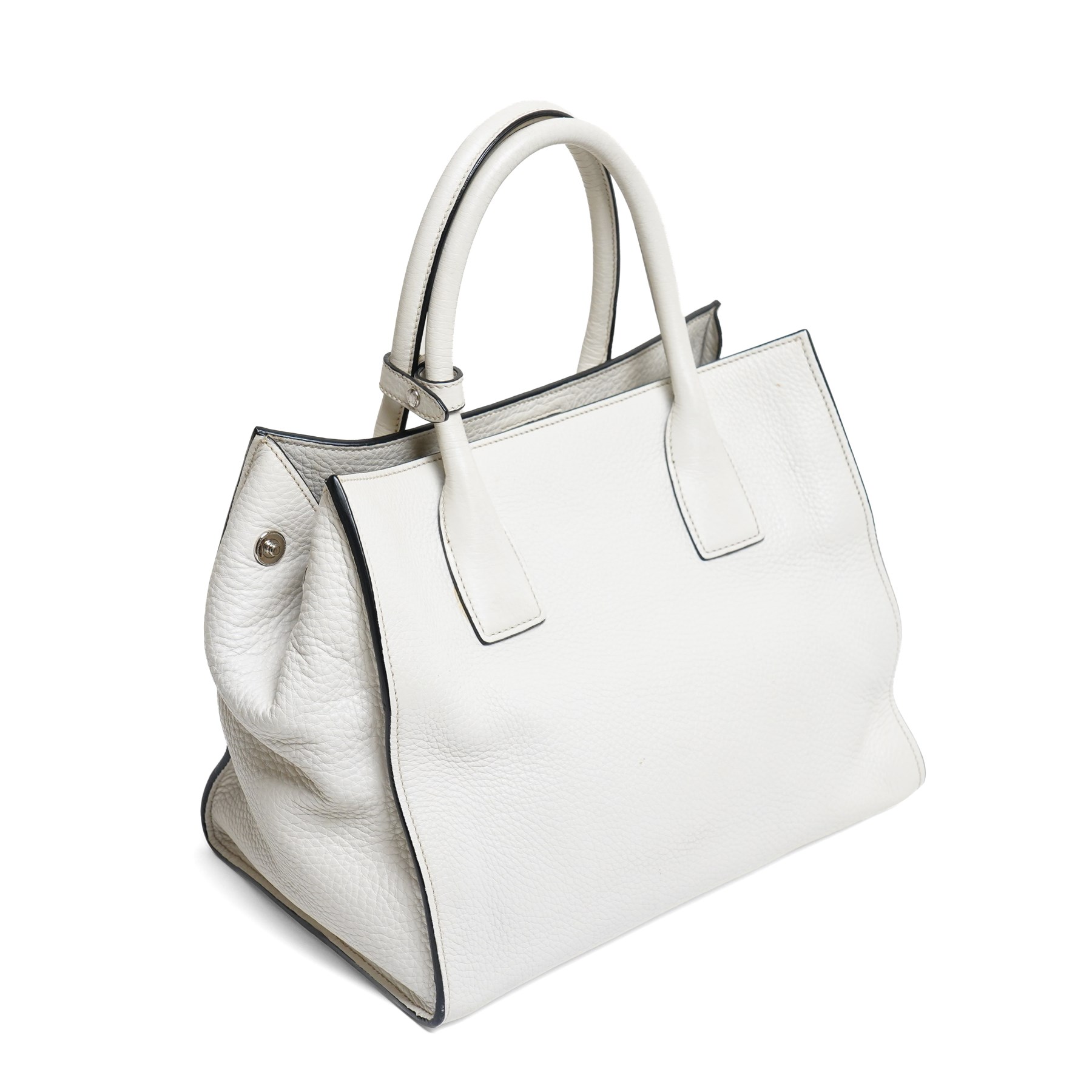 Prada - Vitello Daino shopping tote in Talco pebbled calf leather with contrasting black piping, the softly structured body with twin rolled handles, detachable and adjustable shoulder strap, zip fastening, silver-tone hardware and triangular Prada Milano logo plaque, with original product tag, authenticity card and dust bag