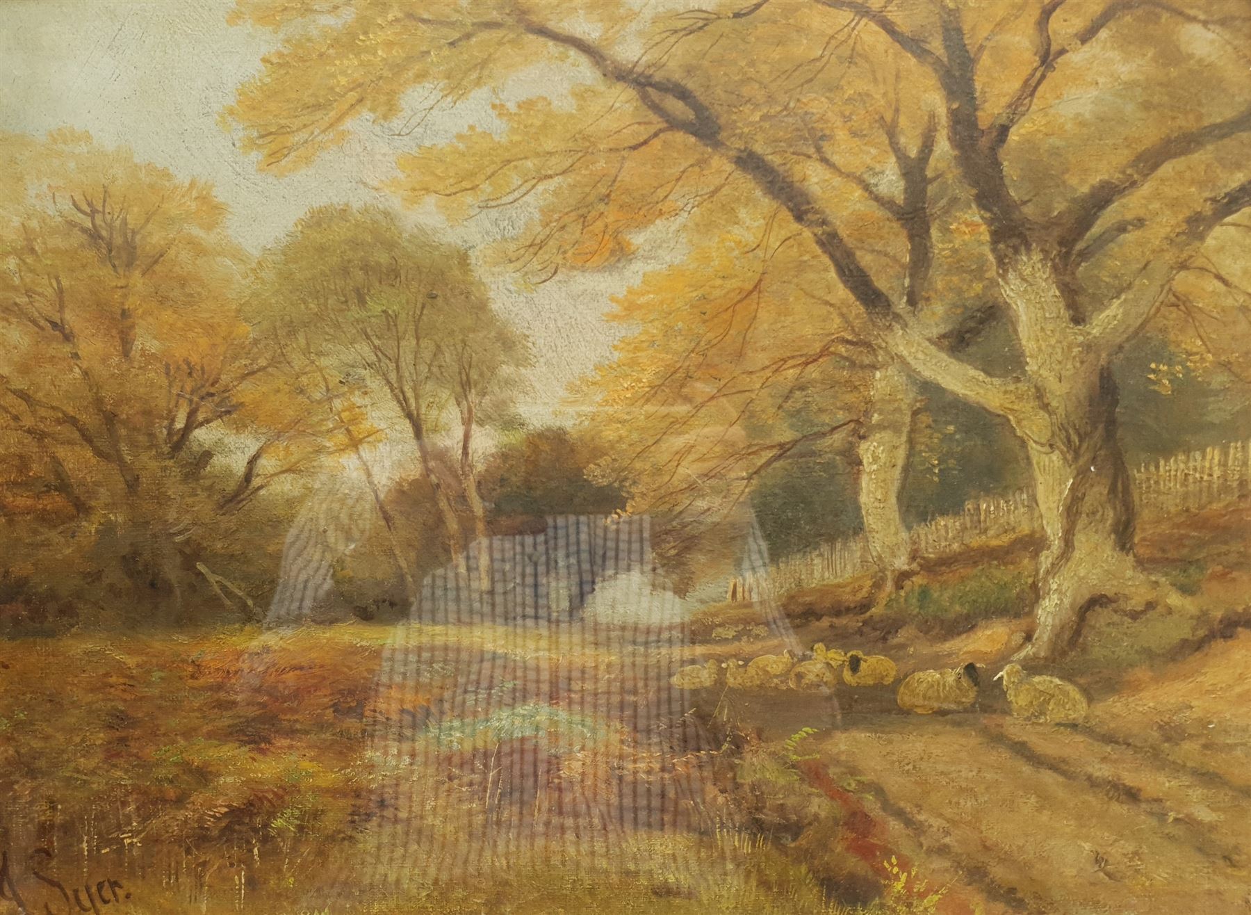 John Syer Jnr (British 1846-1913): Sheep on a Country Lane, oil on board signed 33cm x 44cm; F Fletcher (19th century): Country Garden, oil on canvas signed 40cm x 63cm (unframed) (2)