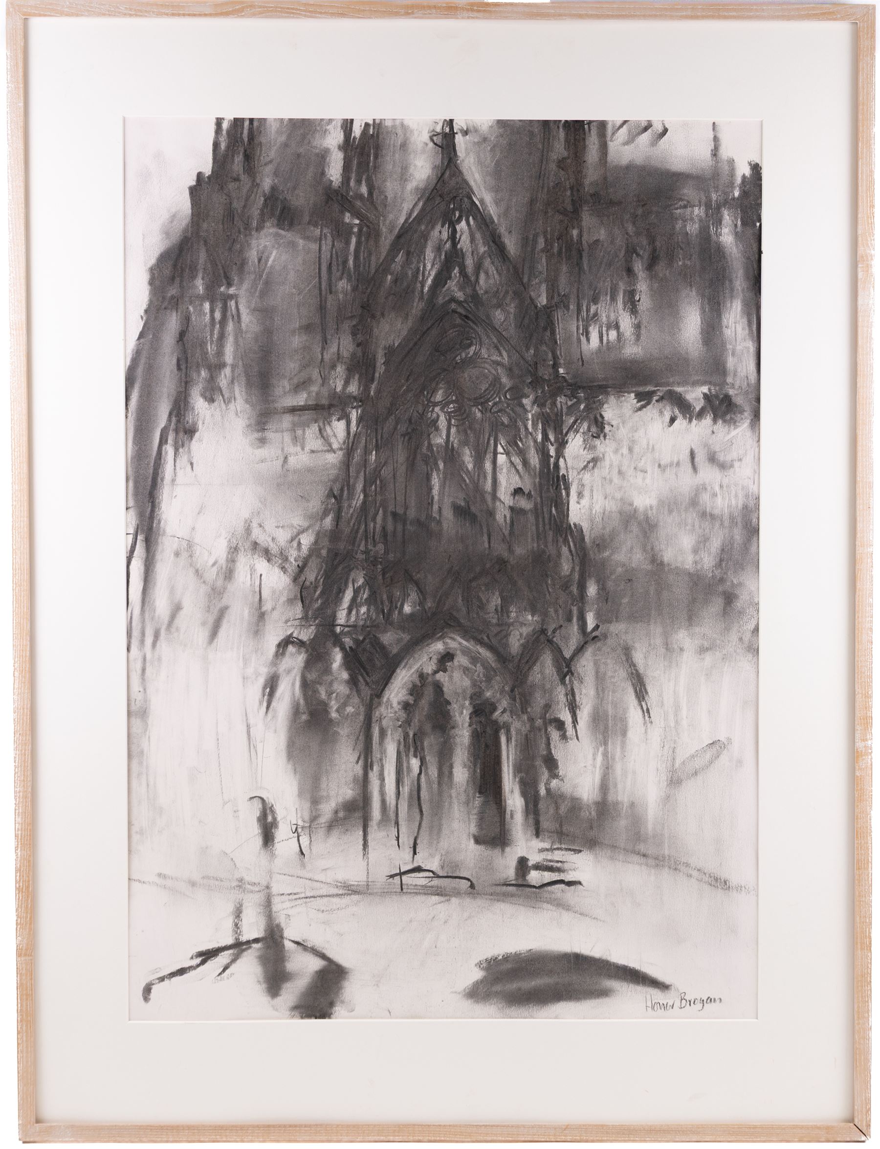 Honor Brogan (British Contemporary): 'Lichfield Cathedral - West Front', charcoal signed, titled and dated 2001 on exhibition label verso 83cm x 58cm