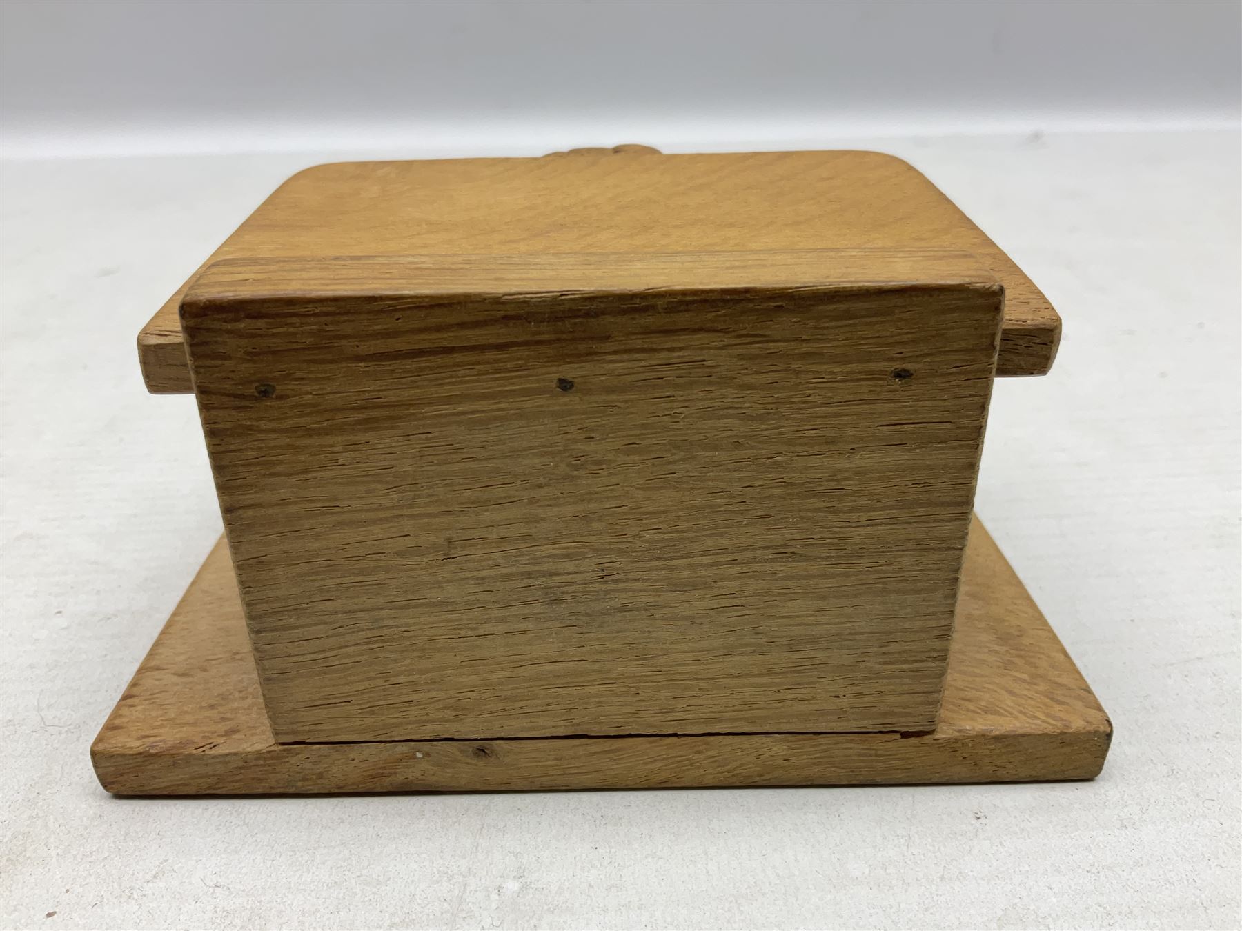 'Rabbitman' oak letter rack of two graduated square panels on a slab base, with carved with rabbit signature, by Peter Heap of Wetwang, H12cm