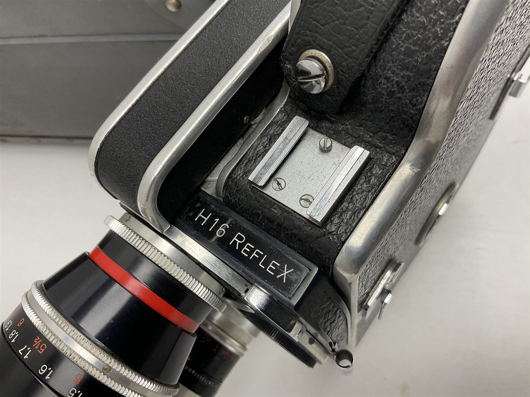 Bolex H16 Reflex camera body, serial no. 136928, with 'Macro-Switar 1:1.9 f=75mm' lens, serial no. 1131474, Switar H16 RX 1:1.6 f=10mm' lens, serial no. 1106324, with hard carry case