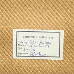 Barry De More (Yorkshire 1948-2023): 'The Poplars Halifax', oil and impasto on board signed and titled verso 76cm x 61cm
Notes: Acclaimed as one of the North's greatest expressionist artists, Barry De More (1948-2023) used a heavy impasto style to transfer his love of Yorkshire landscapes, townscapes and people to canvas. His work sits comfortably in the company of work by Kossoff and Auerbach, selling to collectors in the UK and overseas. De More's work can be found in the permanent collection of work by Northern Artists at Dean Clough, one of the UK's largest contemporary art galleries.