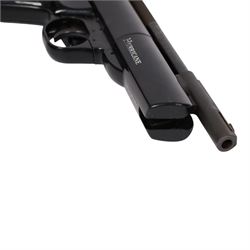 Webley Hurricane .177 air pistol, the chamber marked 'Hurricane' and 'Webley & Scott Ltd. Birmingham England' beneath, with front hooded sight and black checkered grip, H14cm, L28cm