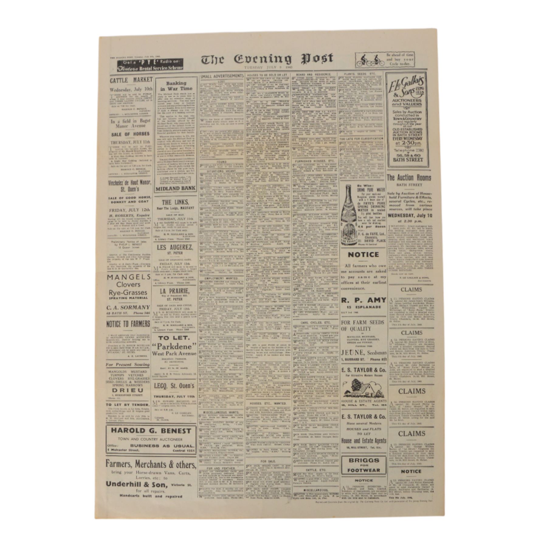 Newspaper: Jersey, The Evening Post July 9th 1940,  'Orders of the Commandant of the German Forces in Occupation of the Bailwick of Jersey 8th day of July 1940 ... Signed GUSSEK ... Commandant'
