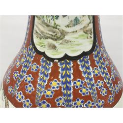 19th century Chinese floor vase of baluster form, hand painted with warriors and the emperor, the neck decorated with floral patterns and panels with landscapes, H64cm