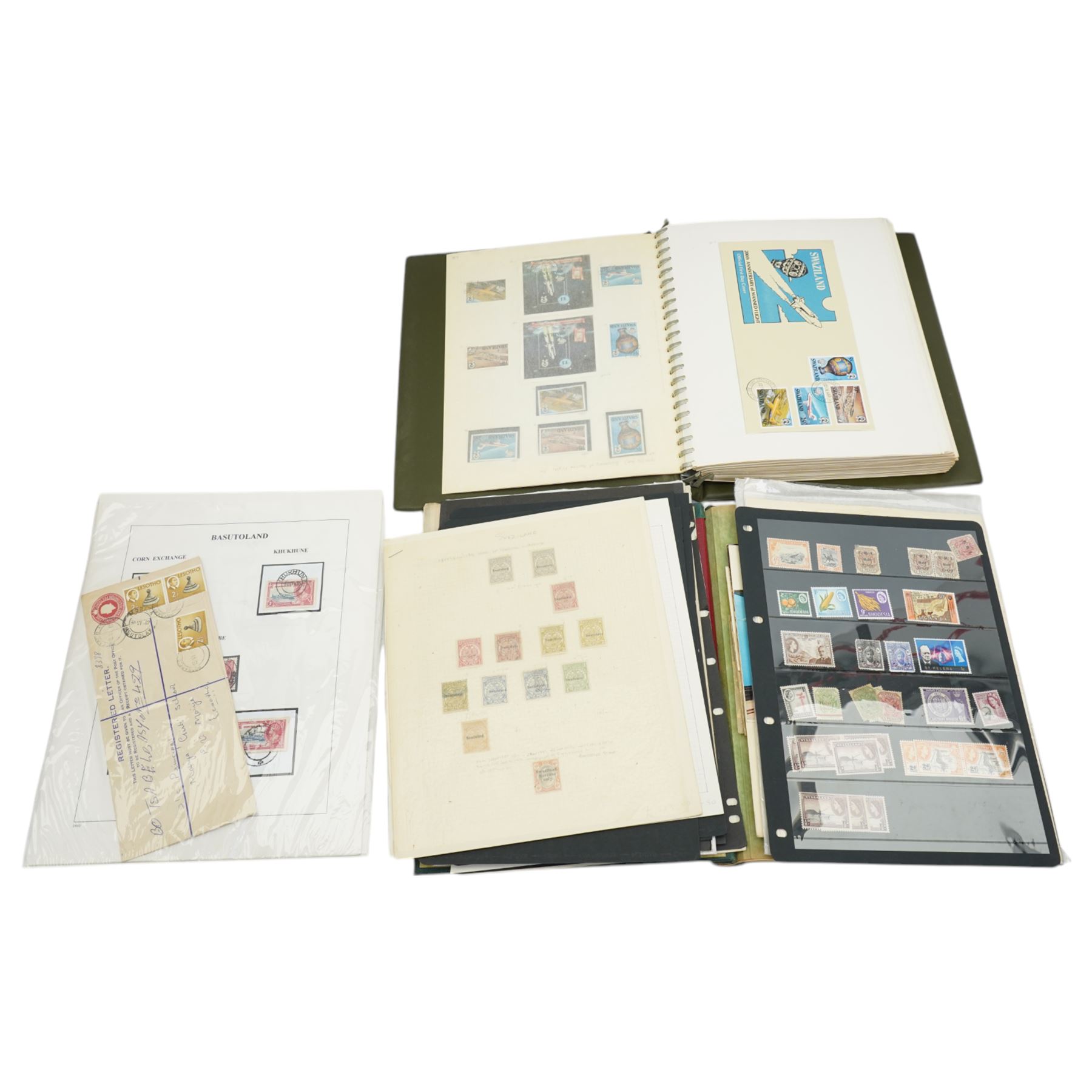 Mostly African stamps, including Swaziland Protectorate with King George V 1935 Silver Jubilee King George VI 1937 Coronation, Royal Visit 1947, Queen Elizabeth II with unused sets or part sets, commemorative covers, Basutoland, Bechuanaland, Rhodesia, Zambia, Southern Rhodesia etc, housed in two albums and loose