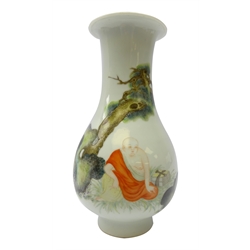  Chinese Republic bottle shaped vase, finely painted in polychrome enamels with a Scholar dressed in robes seated under a pine tree amongst rock work on pale blue ground, H17.5cm     