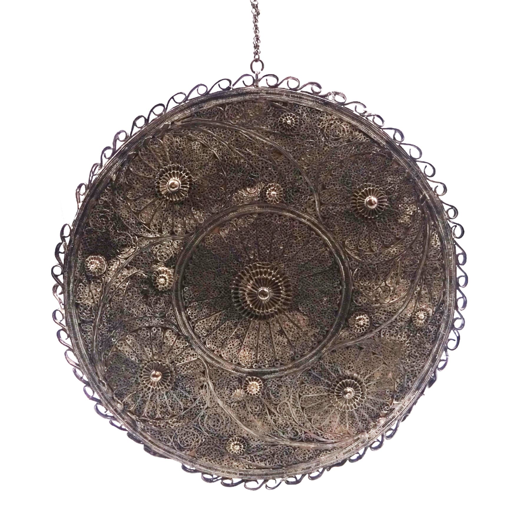 Eastern silver filigree wedding or travel mirror, or circular form with profuse scrolling and foliate filigree work verso, D26cm