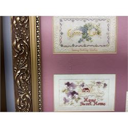 Thirty-five WW1 embroidered silk postcards including regimental crests, flags of the Allies, envelope type with greeting card inserts, Christmas and birthday cards etc; mounted and glazed in three graduated modern matching gilt frames (3)