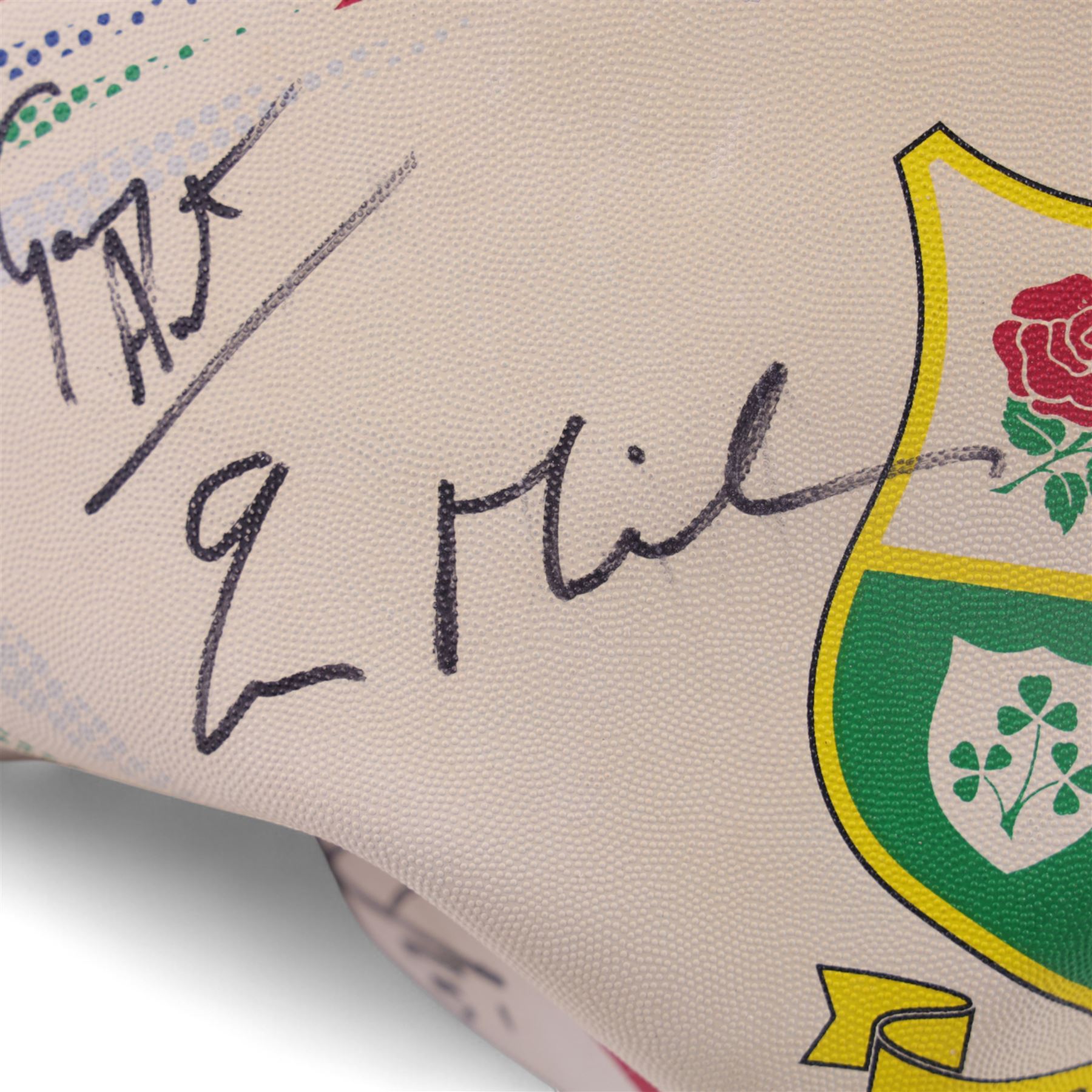 Three signed rugby balls, including 2017 Lions Tour Rhino Jumbo ball, signed by eight players, including Greig Laidlaw, Rugby world cup 2003 example and a 2001 British Lions example