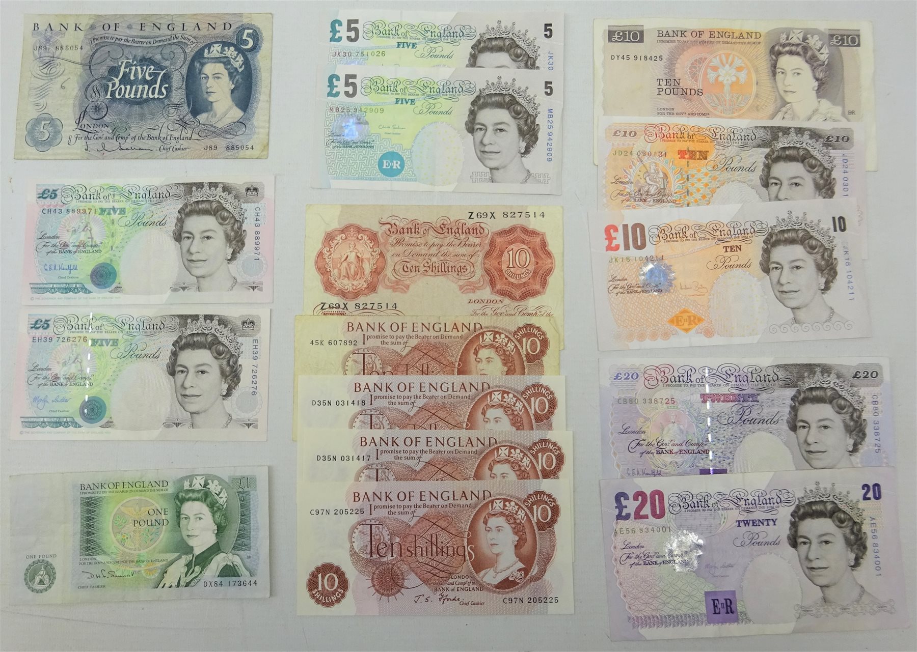 Collection of sixteen Great British banknotes including O'Brien ten