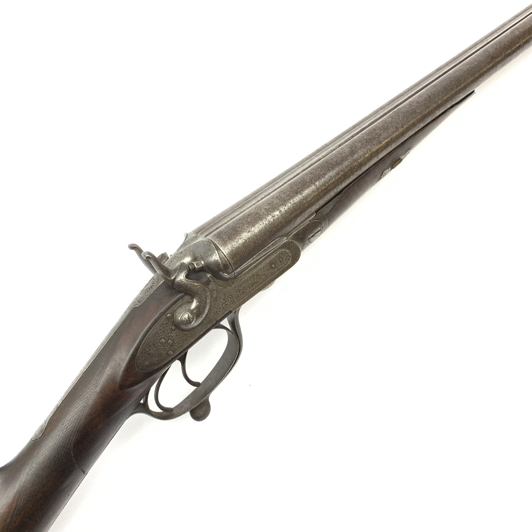 19th century David R. Hodgson (? of Louth) 12-bore side-by-side double barrel hammer shotgun with screw under lever opening and patent action, walnut stock and 76cm damascus barrels, L119cm overall SHOTGUN CERTIFICATE REQUIRED