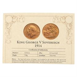 King George V 1914 gold full sovereign coin, in London Mint Office case